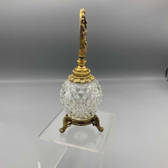 Vtg Ornate Matson Footed Perfume Bottle Dogwood Diamond Point Cut Glass Ormolu - Picture 6 of 17